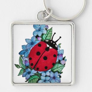 Watercolor Cute Ladybird With Blue Wild Flowers Key Ring