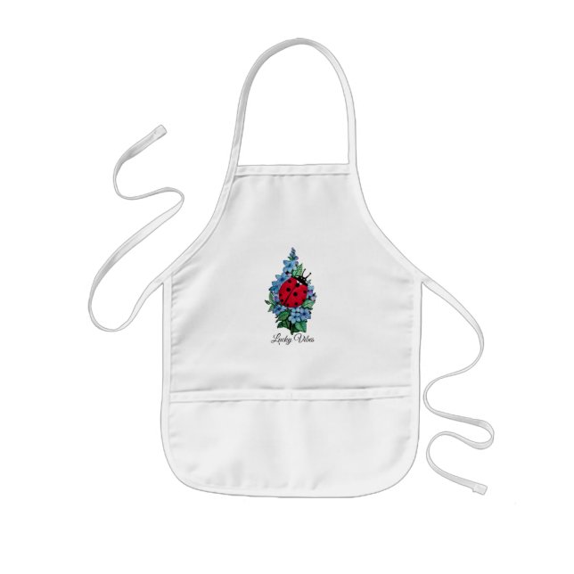 Watercolor Cute Ladybird With Blue Wild Flowers Kids Apron (Front)