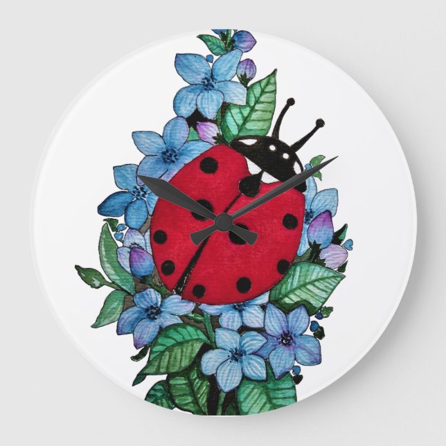 Watercolor Cute Ladybird With Blue Wild Flowers Large Clock (Front)