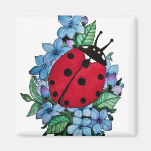 Watercolor Cute Ladybird With Blue Wild Flowers Magnet