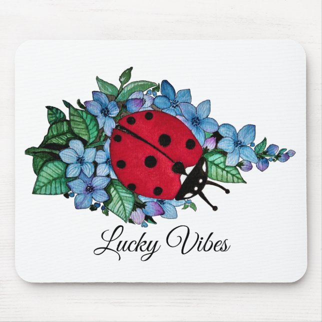 Watercolor Cute Ladybird With Blue Wild Flowers Mouse Mat (Front)