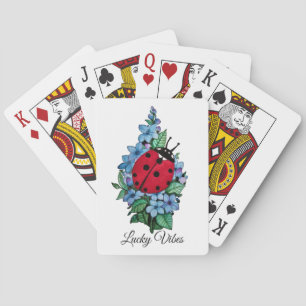 Watercolor Cute Ladybird With Blue Wild Flowers Playing Cards