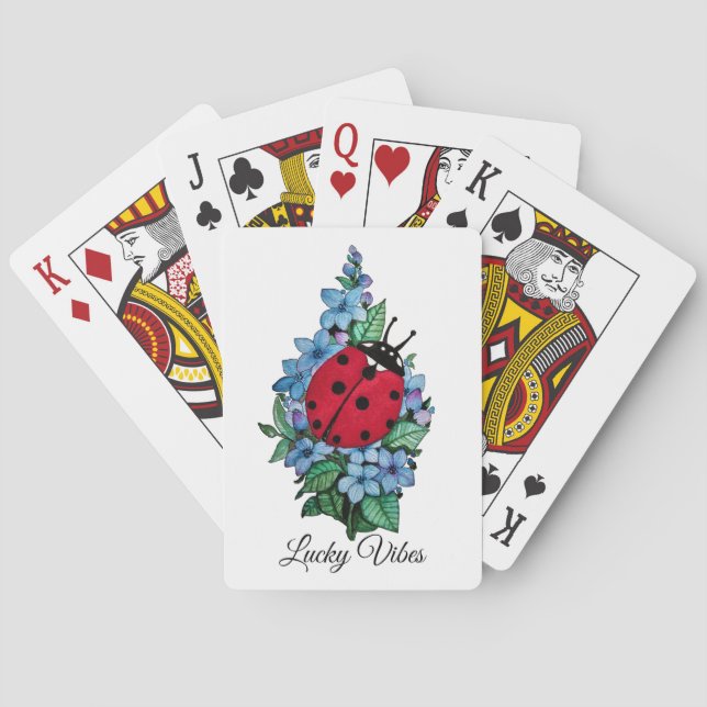 Watercolor Cute Ladybird With Blue Wild Flowers Playing Cards (Back)