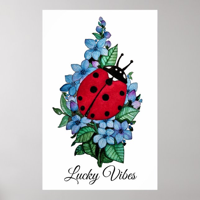 Watercolor Cute Ladybird With Blue Wild Flowers Poster (Front)