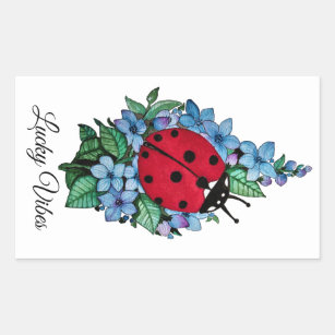 Watercolor Cute Ladybird With Blue Wild Flowers Rectangular Sticker