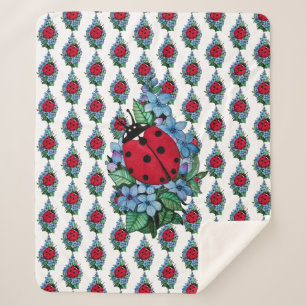 Watercolor Cute Ladybird With Blue Wild Flowers Sherpa Blanket