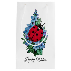 Watercolor Cute Ladybird With Blue Wild Flowers Small Gift Bag