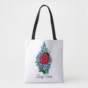 Watercolor Cute Ladybird With Blue Wild Flowers Tote Bag