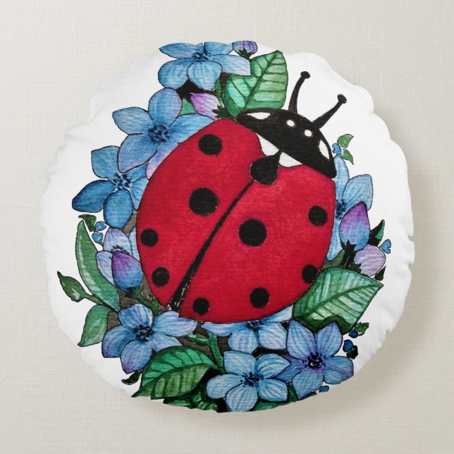 Watercolor Cute Ladybug With Blue Wild Flowers Round Cushion (Front)