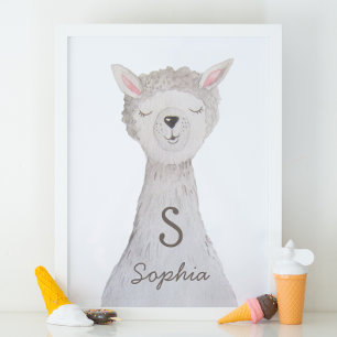 Watercolor cute lama. Alpaca monogram nursery Poster