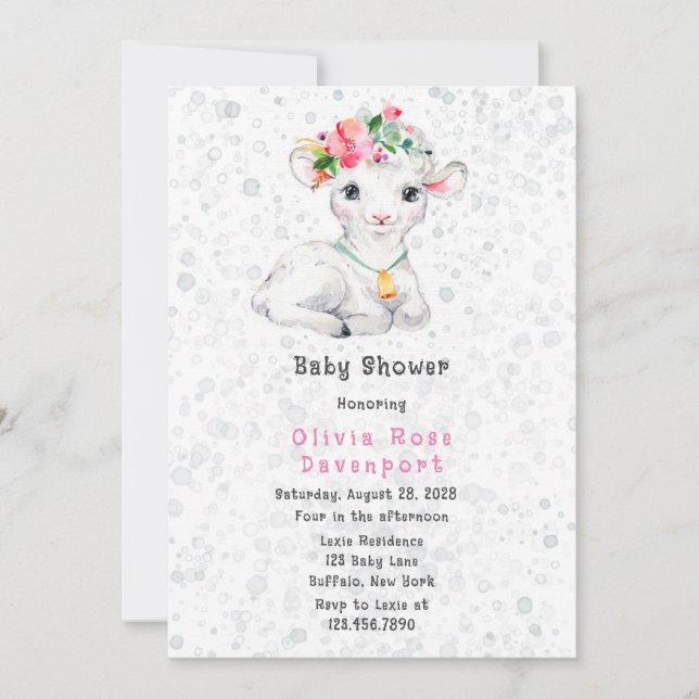 Watercolor Cute Lamb With Florals Baby Shower Invitation (Front)