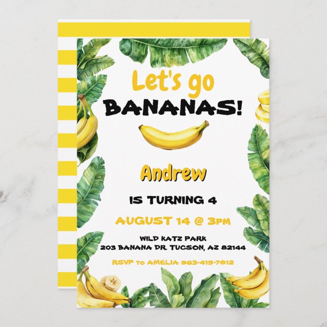 Watercolor Cute Let's Go Bananas Birthday Invitation (Front/Back)