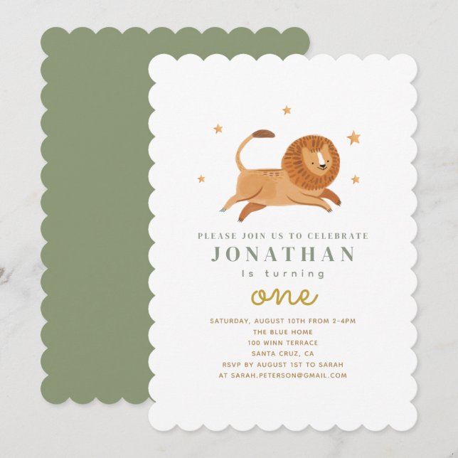Watercolor Cute Lion King 1st Birthday Invitation (Front/Back)