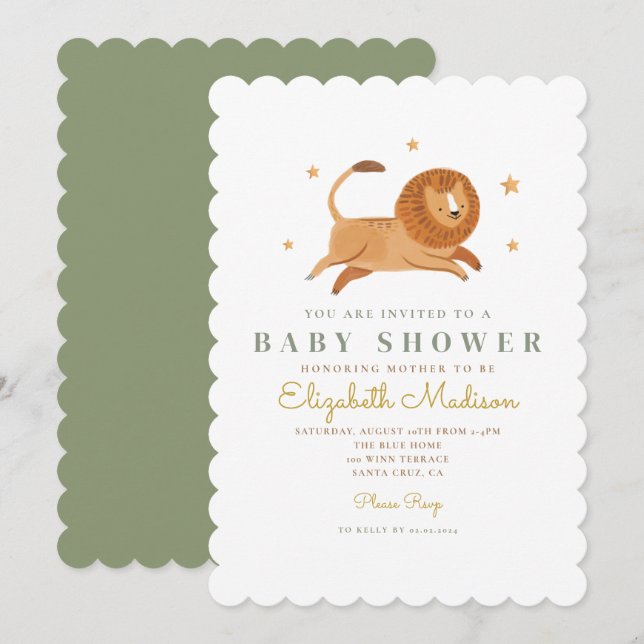 Watercolor Cute Lion King Baby Shower Invitation (Front/Back)