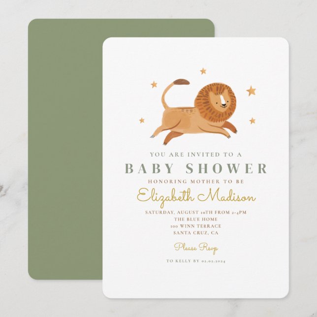 Watercolor Cute Lion King Baby Shower Invitation (Front/Back)