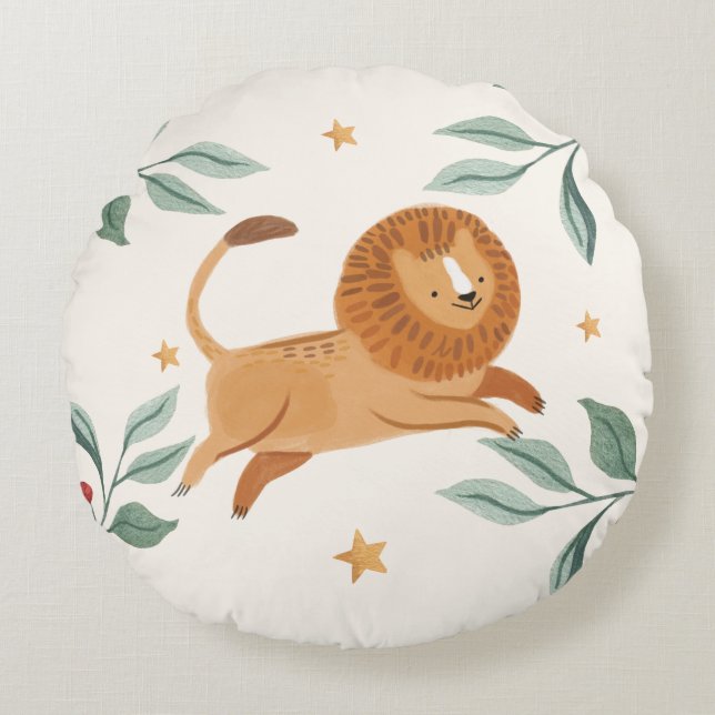 Watercolor cute lion round cushion (Front)