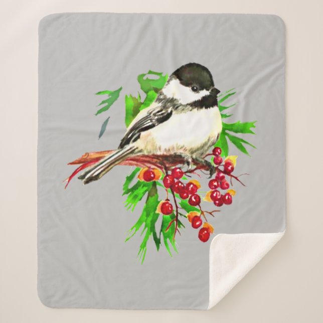 Watercolor Cute Little Chickadee Bird Berries Pine Sherpa Blanket (Front)