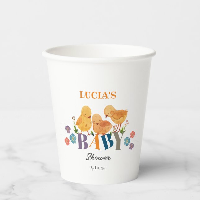 Watercolor Cute Little Chicken Family Baby Shower Paper Cups (Front)
