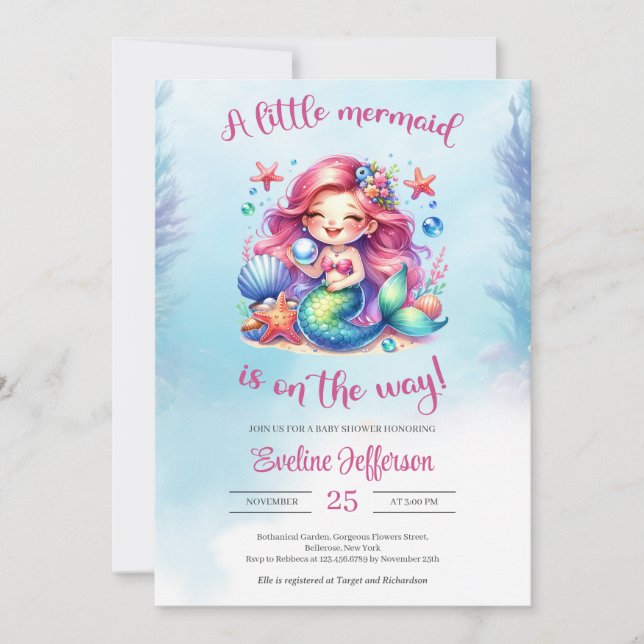 Watercolor cute little mermaid is on the way invitation (Front)