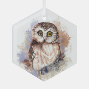 Watercolor Cute Little Owl Bird Nature Ranch Art Glass Tree Decoration