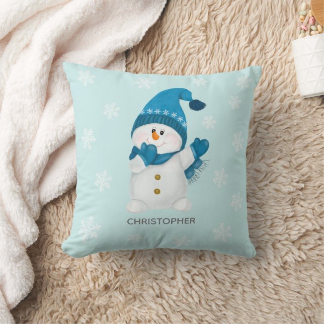 Watercolor Cute Little Snowman Beanie Blue Baby  Cushion (Blanket)
