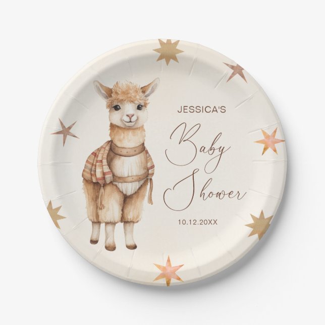 Watercolor Cute Llama Beige Baby Shower Paper Plate (Front)