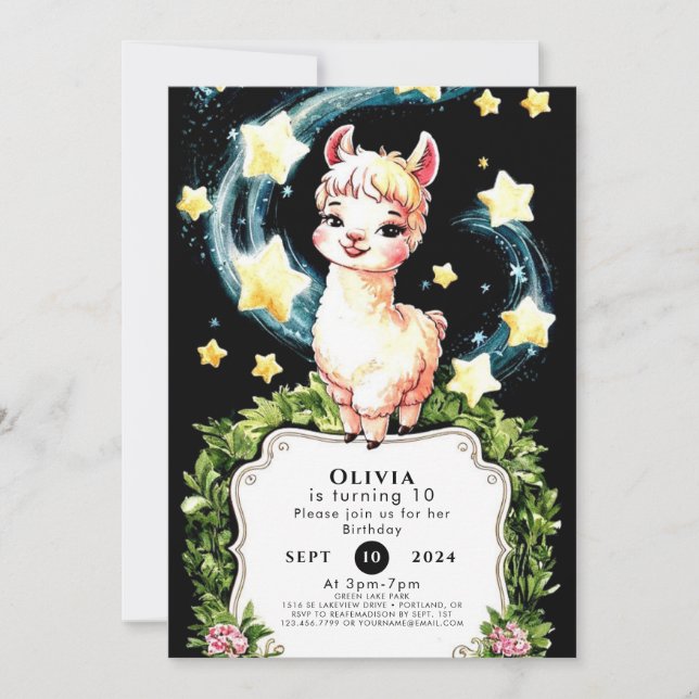  Watercolor Cute Llama Birthday Invitation (Front)