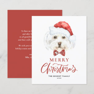 Watercolor Cute Maltese Santa Merry Christmas Card