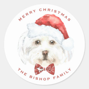 Watercolor Cute Maltese Santa Merry Christmas Classic Round Sticker