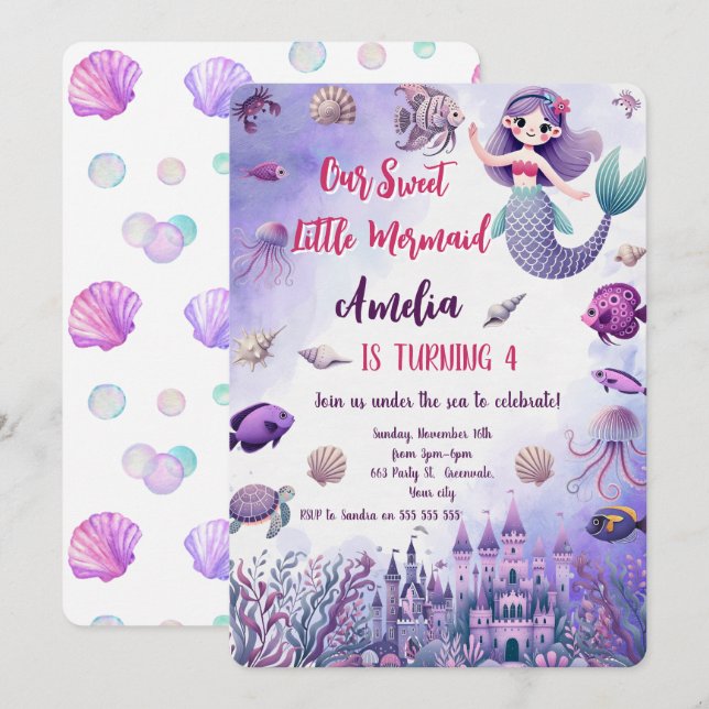 Watercolor Cute Mermaid Under the Sea Birthday Invitation (Front/Back)