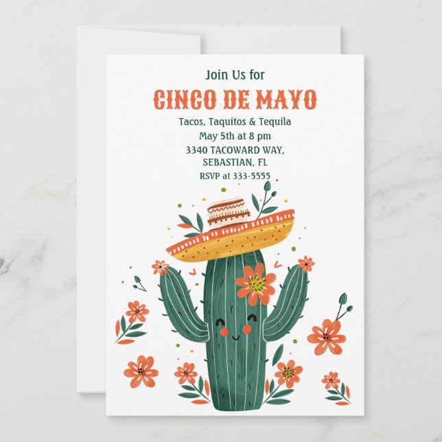 Watercolor Cute Mexican Cactus Cinco de Mayo Invitation (Front)