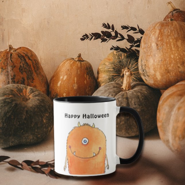 Watercolor Cute Monster Happy Halloween  Mug (Happy Halloween Mug with watercolor cute orange  monster design)