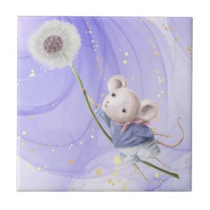 Watercolor Cute Mouse Flying Dandelion Art Tile