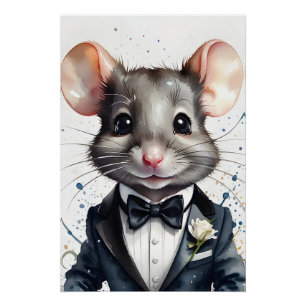 Watercolor Cute Mouse Tuxedo Black Bow Tie Flower Poster