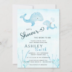 Watercolor Cute Mum and Baby Whale Under the Sea I Invitation