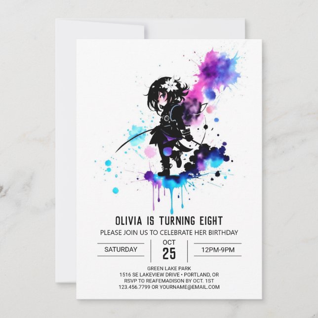 Watercolor Cute Ninja Digital Girl Birthday Invitation (Front)