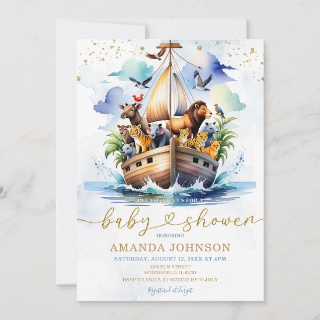 Watercolor Cute Noah's Ark Adventure Baby Shower Invitation (Front)