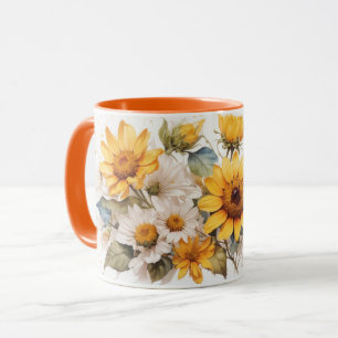 Watercolor Cute Orange Sunflower Bees Mug