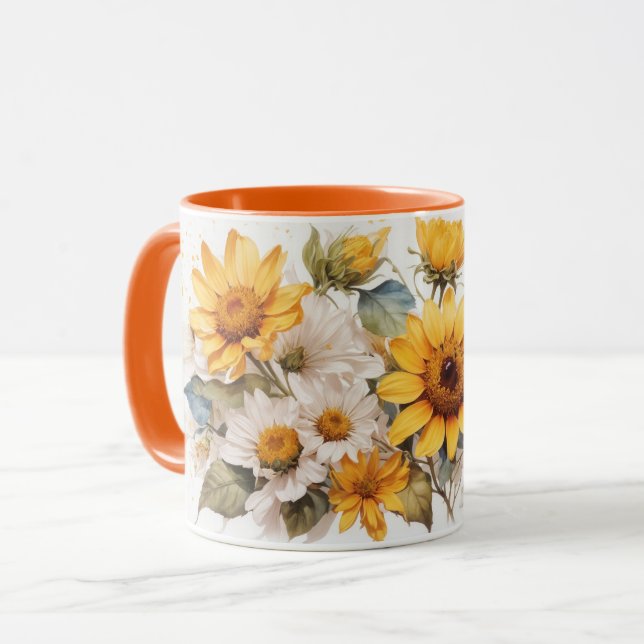 Watercolor Cute Orange Sunflower Bees Mug (Front Left)