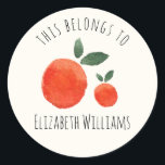 Watercolor Cute Oranges Personalised School  Classic Round Sticker<br><div class="desc">Cute Watercolor oranges "this belongs to" personalised sticker. Customisable.</div>