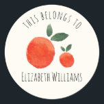 Watercolor Cute Oranges Personalised School  Classic Round Sticker<br><div class="desc">Cute Watercolor oranges "this belongs to" personalised sticker. Customisable.</div>