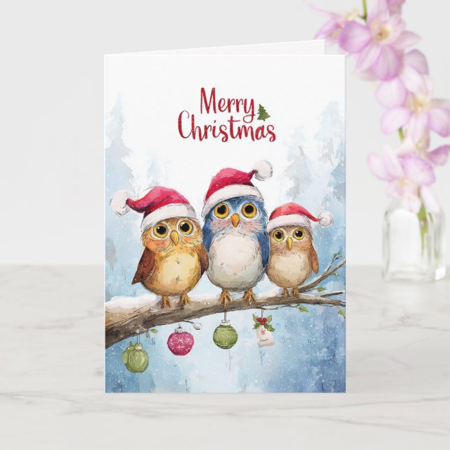 Watercolor Cute Owls Whimsical Christmas Folded Card (Orchid)