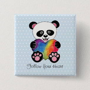 Watercolor Cute Panda With Rainbow Heart 15 Cm Square Badge