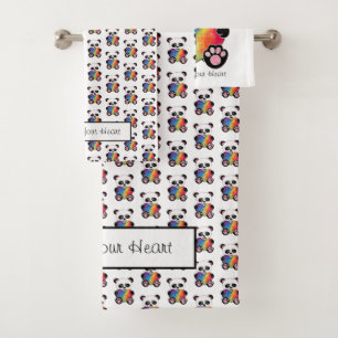 Watercolor Cute Panda With Rainbow Heart Bath Towel Set