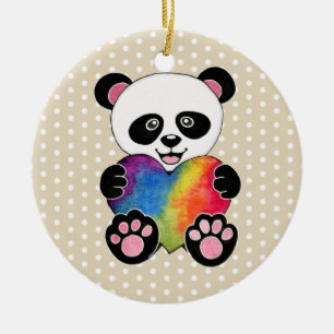 Watercolor Cute Panda With Rainbow Heart Ceramic Tree Decoration