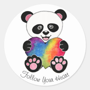 Watercolor Cute Panda With Rainbow Heart Classic Round Sticker