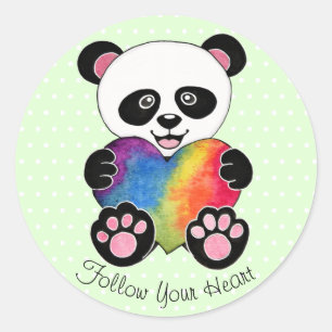 Watercolor Cute Panda With Rainbow Heart Classic Round Sticker