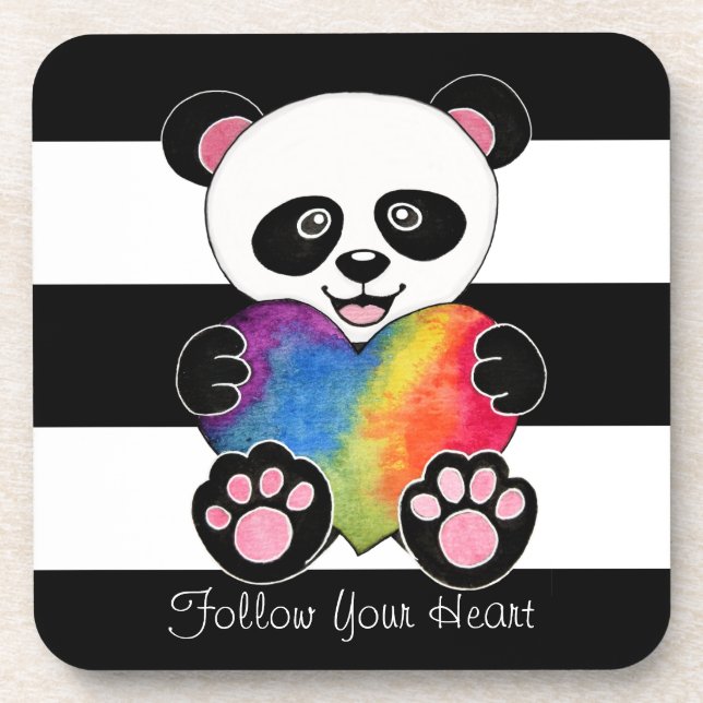 Watercolor Cute Panda With Rainbow Heart Coaster (Front)