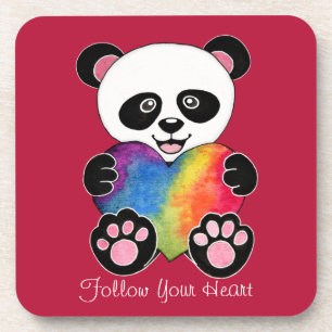 Watercolor Cute Panda With Rainbow Heart Coaster
