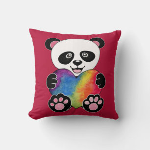 Watercolor Cute Panda With Rainbow Heart Cushion